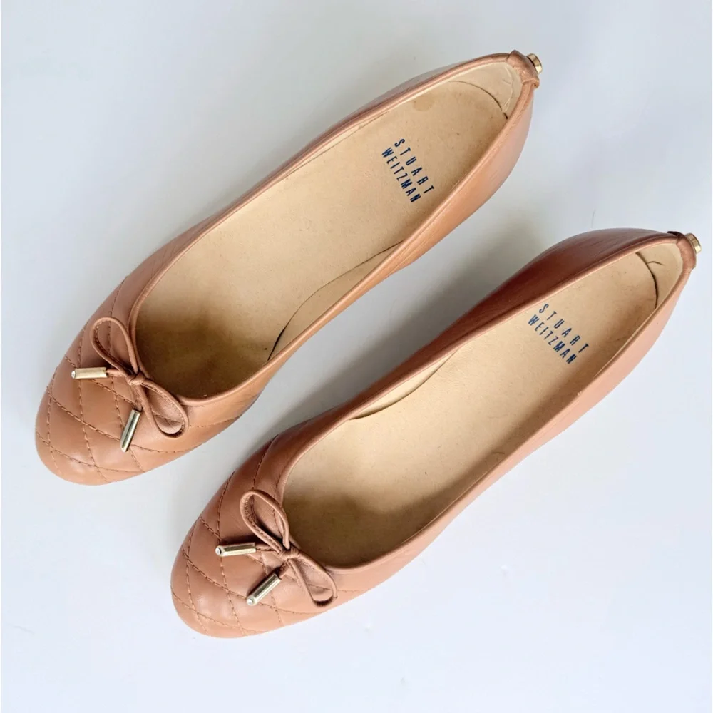 Stuart Weitzman Quilty Wedge in Camel / Tan Leather with Rhinestone Detail Bow 8 - Picture 8 of 16